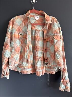 BDG Coral and Blue Plaid Cropped Shirt